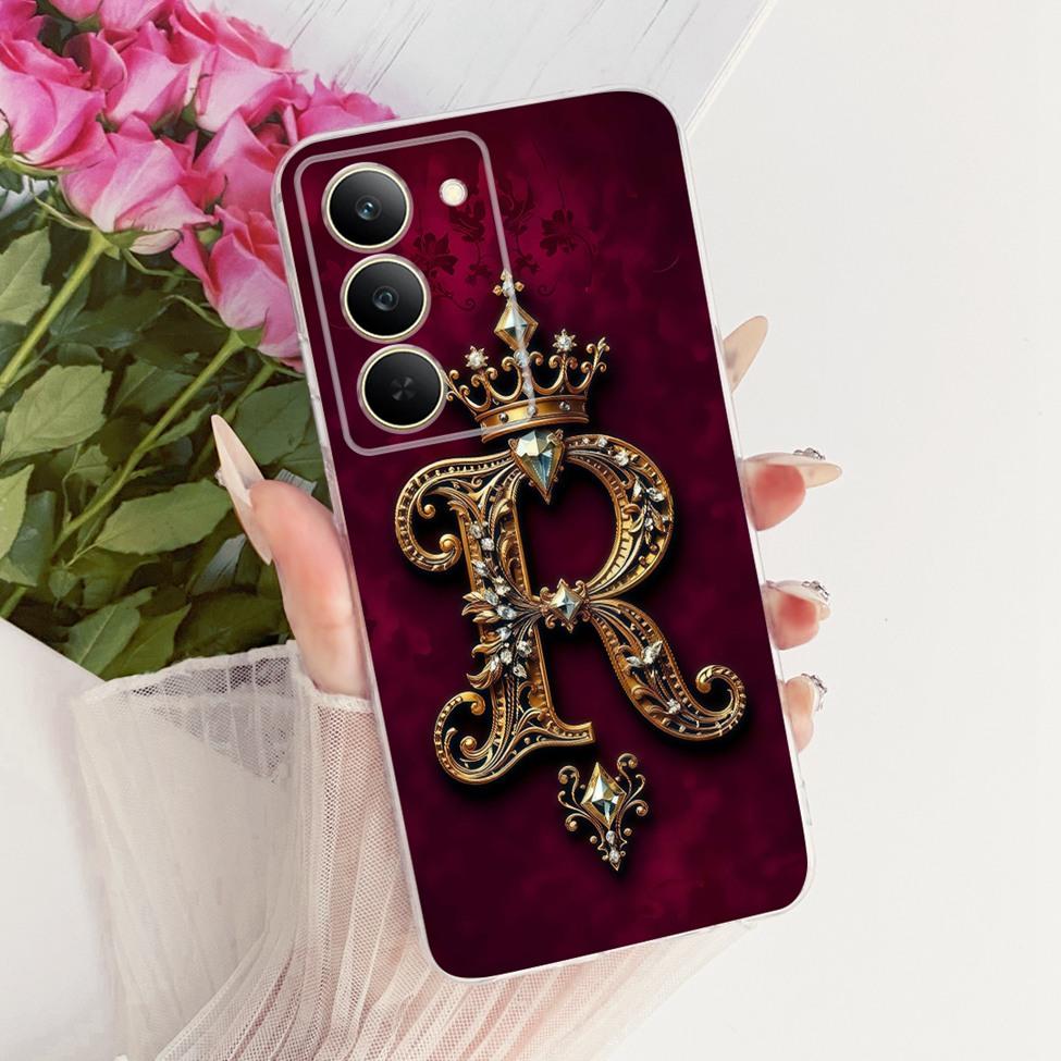 Чехол для Realme 14x 5G Индия Чехол RMX3940 Прозрачный Роскошная Корона Буквы А-Я 2D Плоский Узор Мягкий Чехол для Телефона