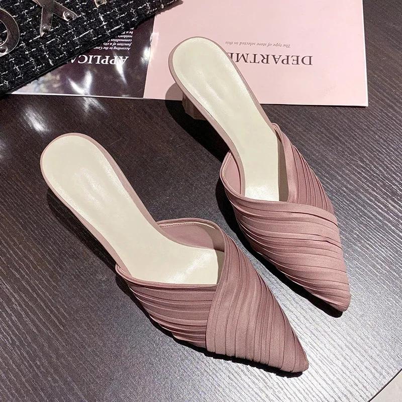 Мода 2024 года, горячая распродажа женской обуви Baotou, женские тапочки, модные неглубокие тапочки для женщин, сексуальные туфли с острым носком на твердом каблуке для женщин