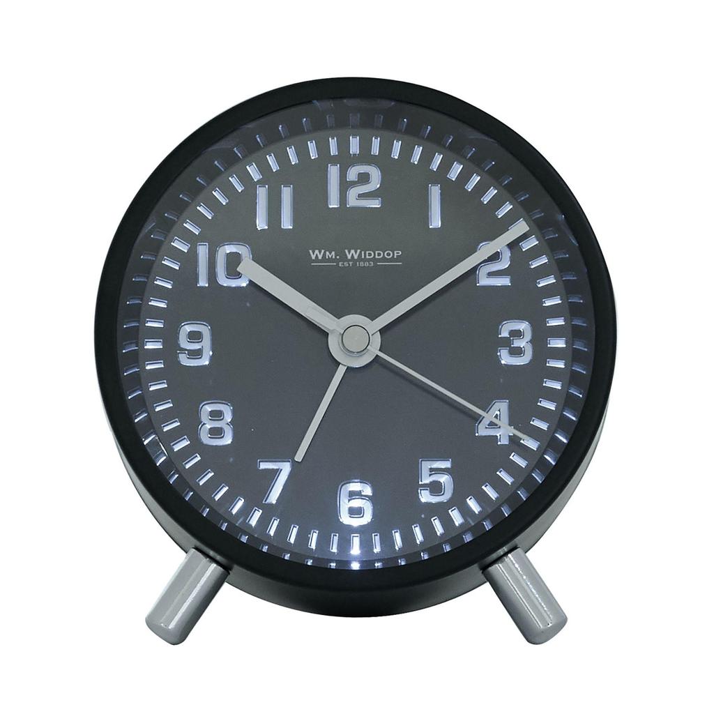 Wm.Widdop Round Alarm Clock Sweep Movement with Silver Hands & Feet - Black