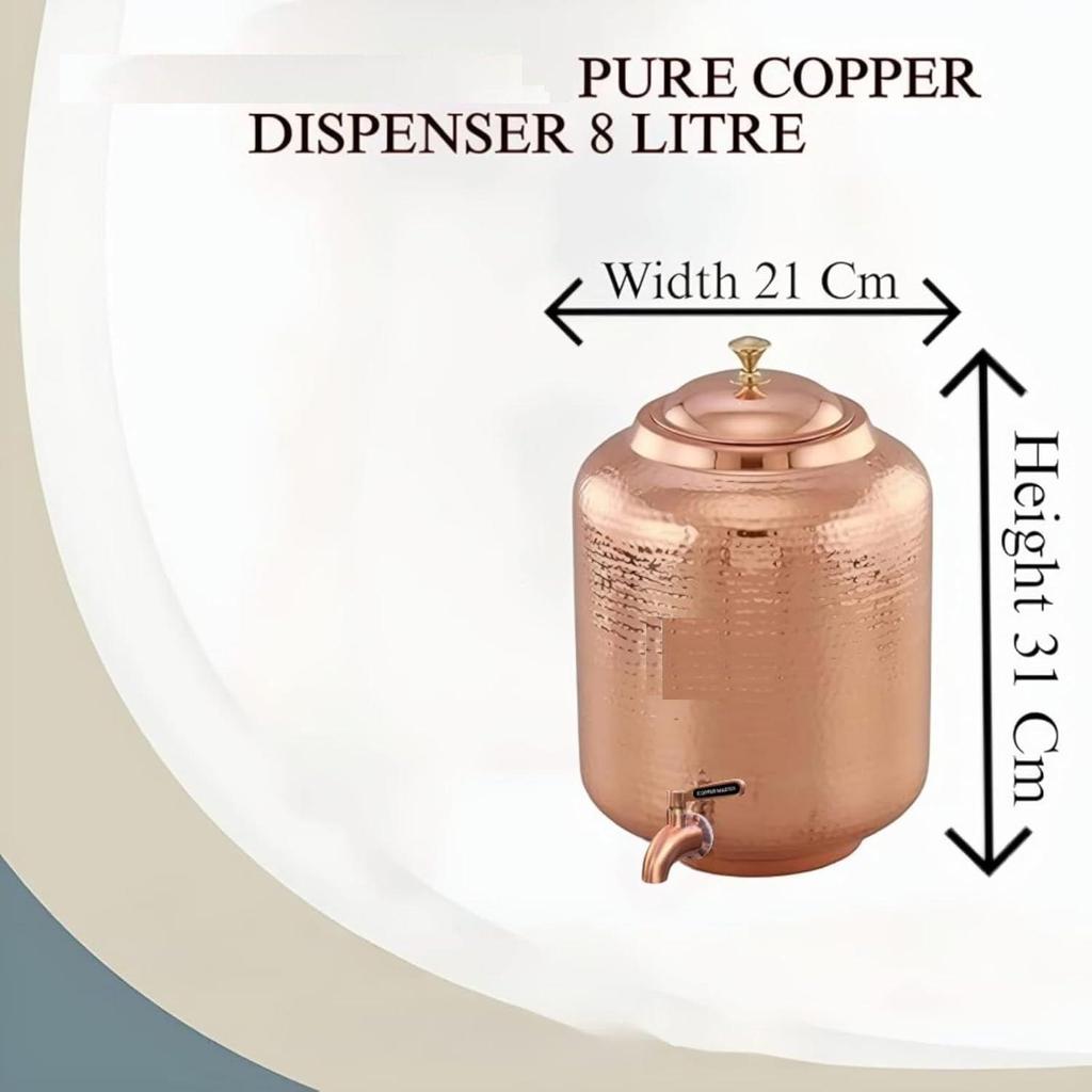 8 Litre Hammered Copper Water Dispenser (Matka) Container Pot with 2 Pure Copper Glasses Pure Copper and Ayurvedic Health Benefits