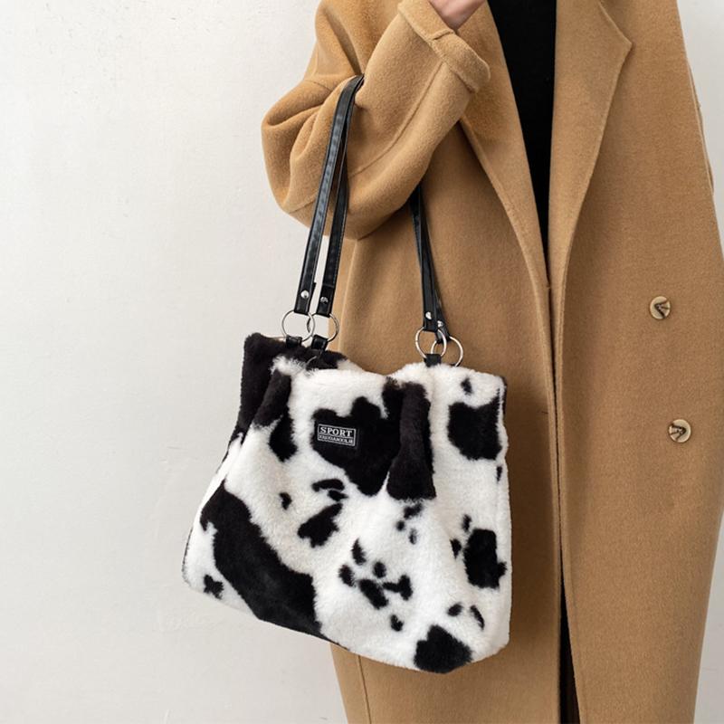 Сумка-тоут для женщин с рисунком коровы, теплая, вместительная, из искусственного меха зебры, на осень и зиму, с ручкой сверху