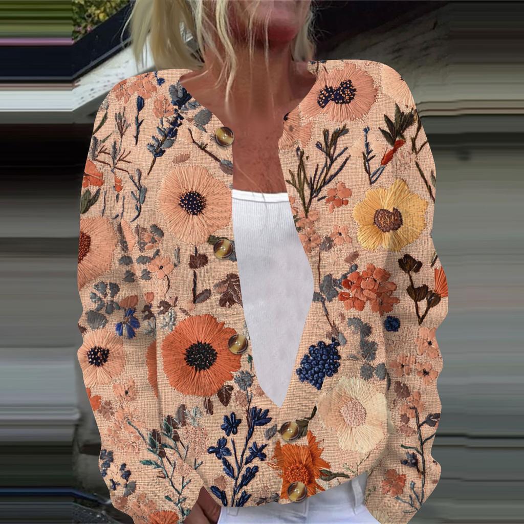 Женская повседневная мода ретро цветочный принт длинный рукав кардиган куртка на пуговицах