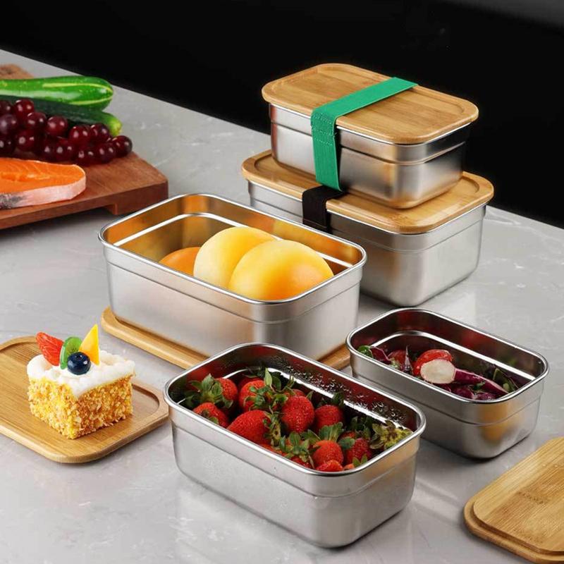 Ланч-бокс в японском стиле из нержавеющей стали 304 с деревянной крышкой, сохраняющий свежесть пищевой контейнер, портативный кейс для хранения для школьников и детей