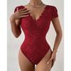 2025 Summer European & American Solid Lace-Trim Deep V Backless Bodysuit