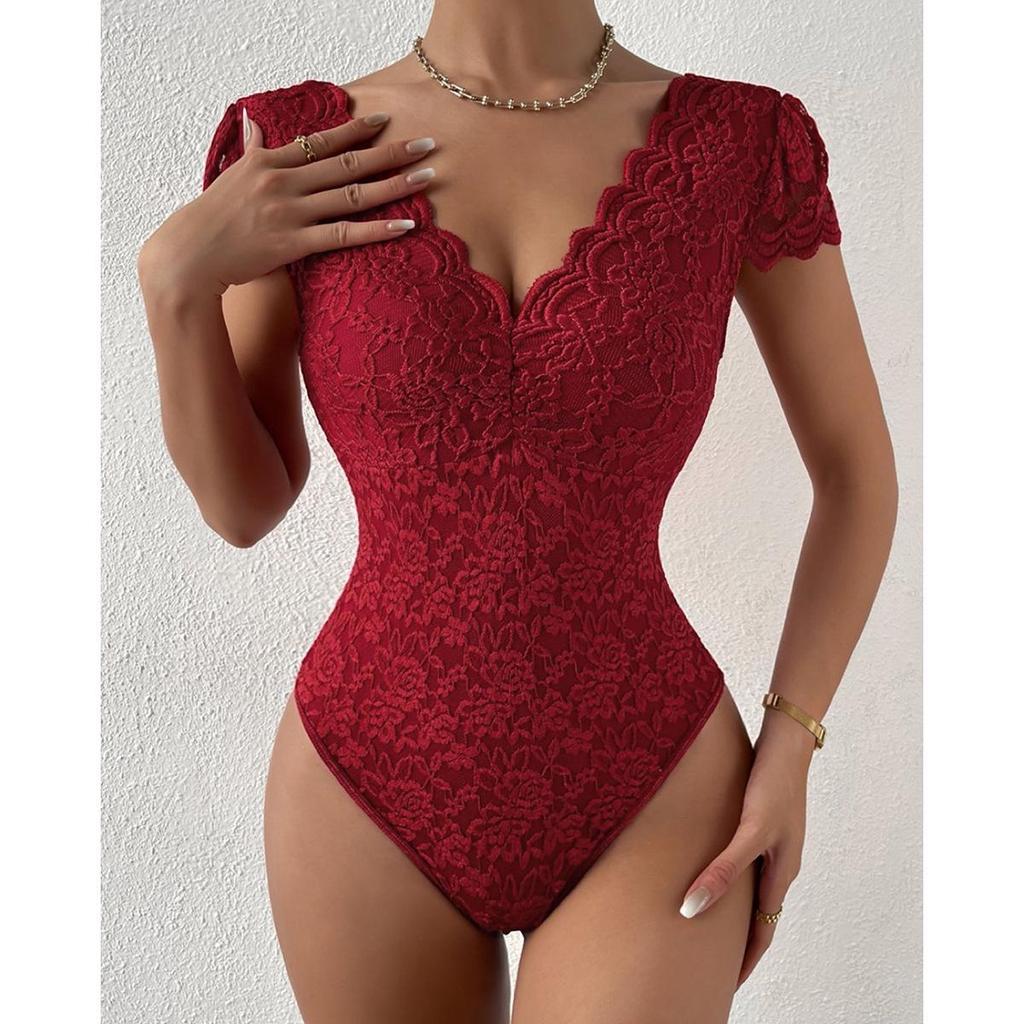 2025 Summer European & American Solid Lace-Trim Deep V Backless Bodysuit