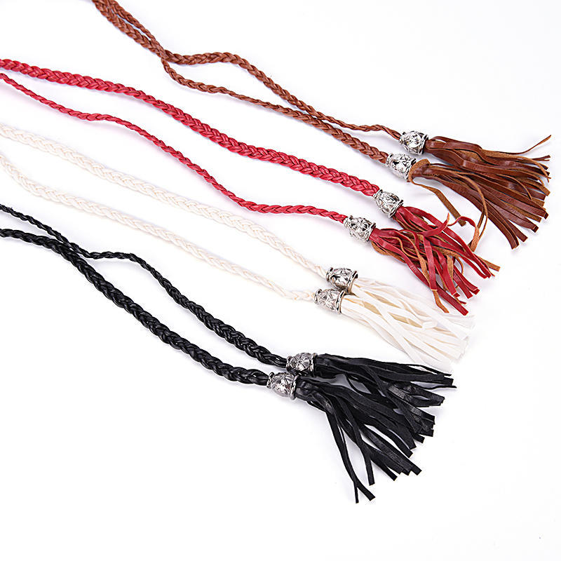 Boho Women Simple Pu Leather Tassel Braided Self-Tie Belt Thin Waist Rope Belt