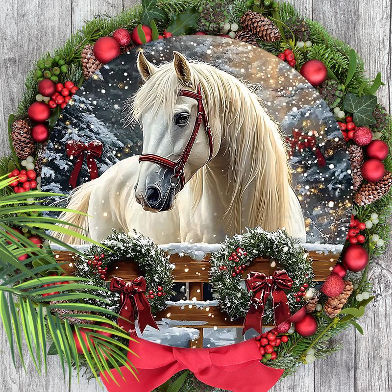 Теплая зимняя деревянная рождественская табличка с узором белой лошади, круглая рождественская табличка для декора на входную дверь или стену, идеальный рождественский подарок