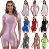 Women One Piece Bathing Suits Short Sleeves Sport Jumpsuit Swimwear Glossy Swimsuits