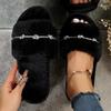 Fashion Crystal Decor Fluffy Home Slippers for Women Autumn Winter Soft Warm Plush Indoor Slippers Woman Non Slip Cozy Faux Fur Slides