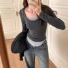Long Sleeve Female Cold Basic Warm Shirt Autumn False Two Pieces T-shirt Color Blocking Bottoming Shirt Female Thin Round Neck Tops for Outside Wear