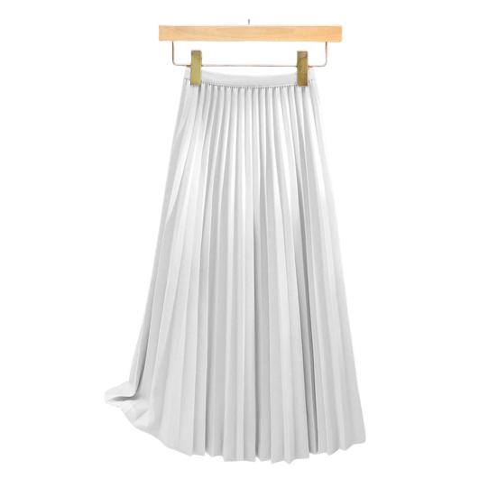 Women Pleated Skirt Elastic High Waist A-Line Long Skirt Solid Color Comfortable Fabric Versatile Skirt Daily Wear
