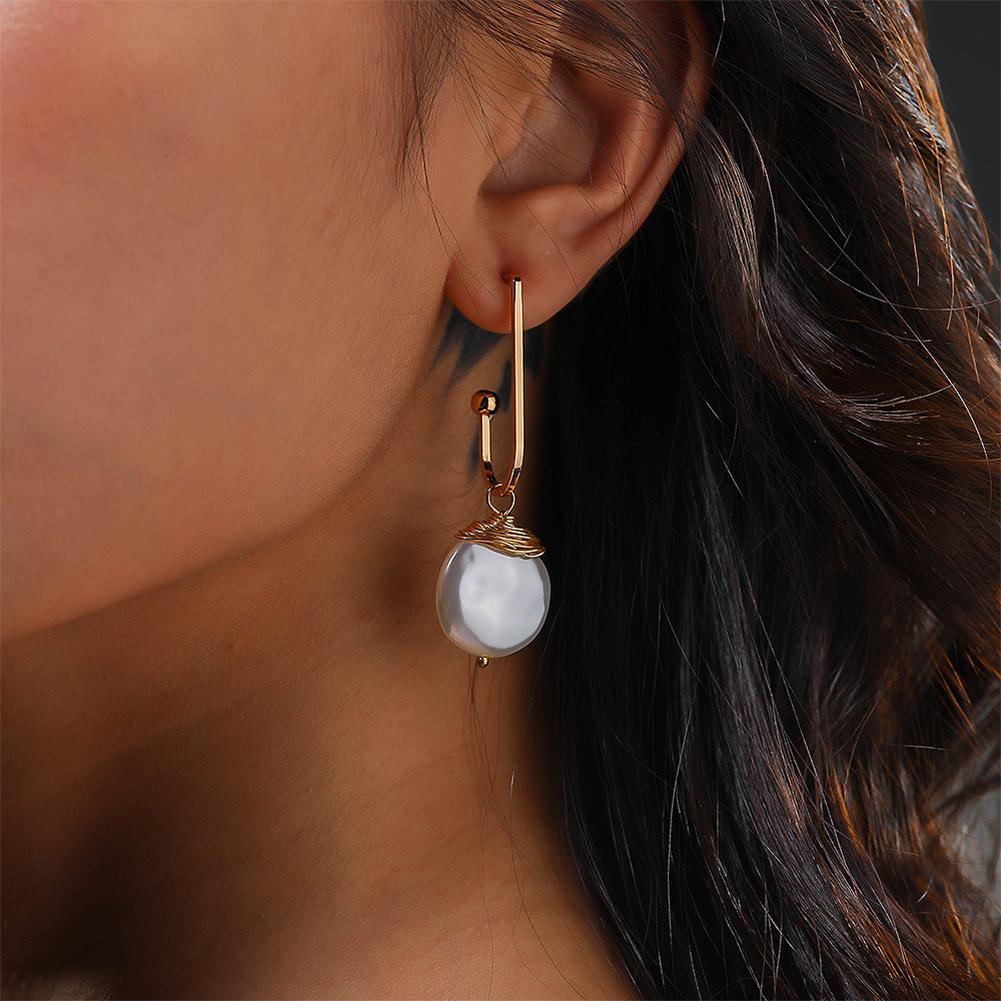Women Summer Stylish Golden U Shape Earrings Simple Handmade Baroque Pearl Ear Stud