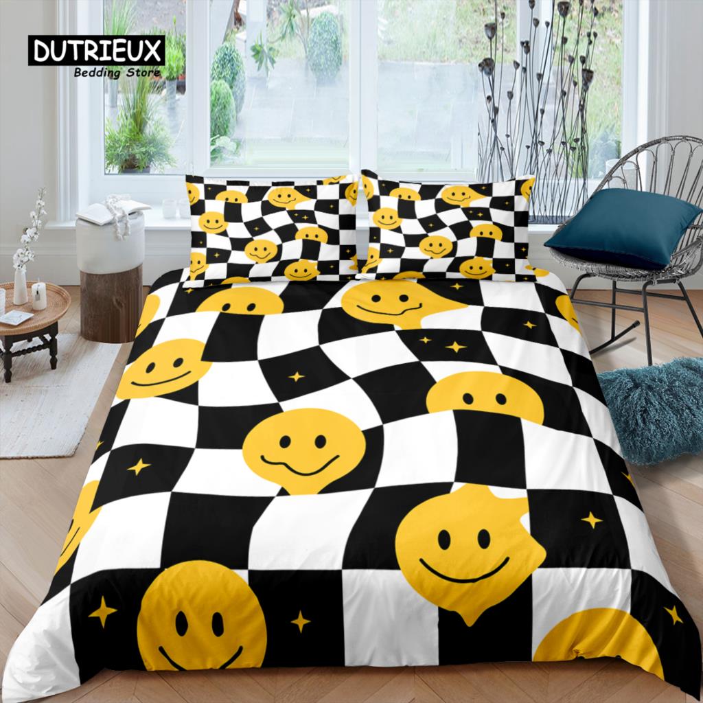 Home Living Luxury 3D Doodle Rhombus Bedding Set Smiley Duvet Cover Pillowcase Queen and King EU/US/AU/UK Size Comforter Bedding