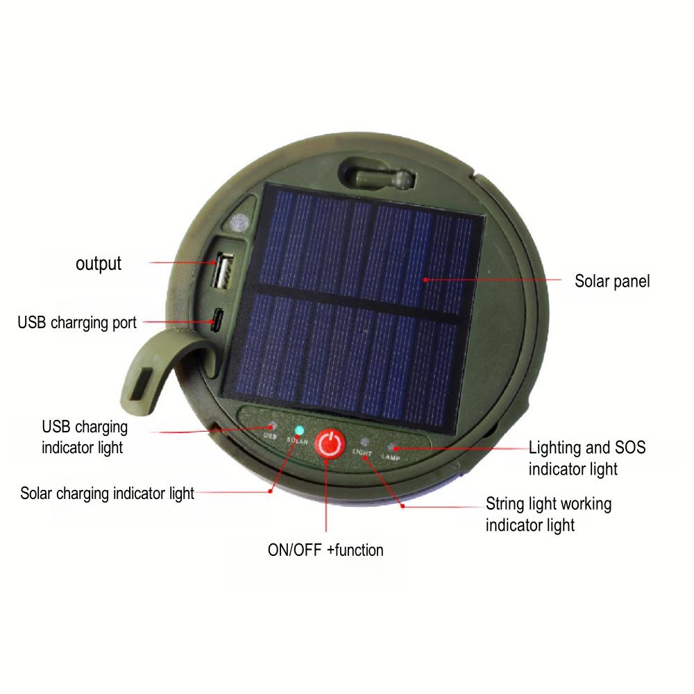 2 In 1 Solar Camping String Lights 8 Modes Outdoor Portable Lights USB Rechargeable Waterproof Camping Lantern Hiking Tent Yard