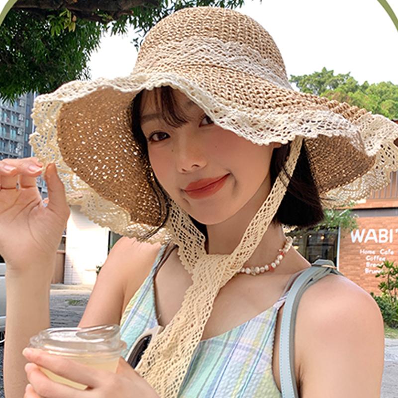 Кружевная кружевная соломенная шляпа для женщин, летняя пляжная выходная дышащая солнцезащитная шляпа с большими полями