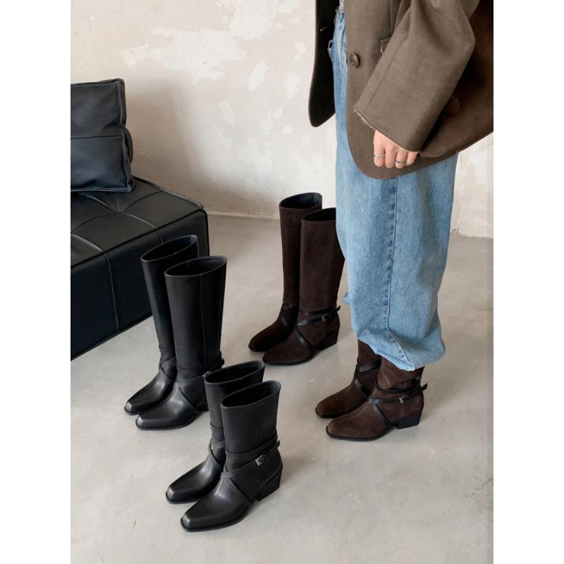 Foreign style fried street cross belt buckle high boots women's head knight boots thin pile boots foreign style temperament