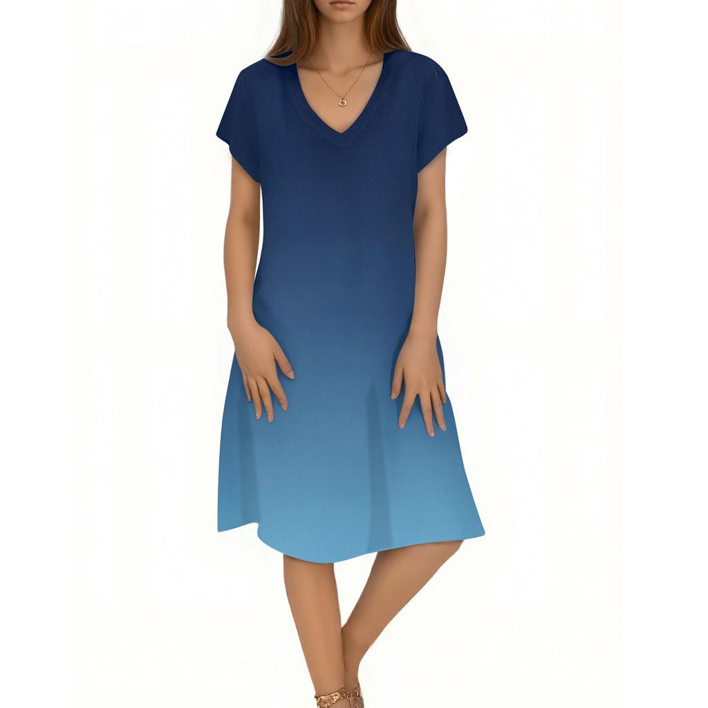 Ladies Casual Fashion V-neck Short Sleeve Gradient Print Mid-length Flowing Dress