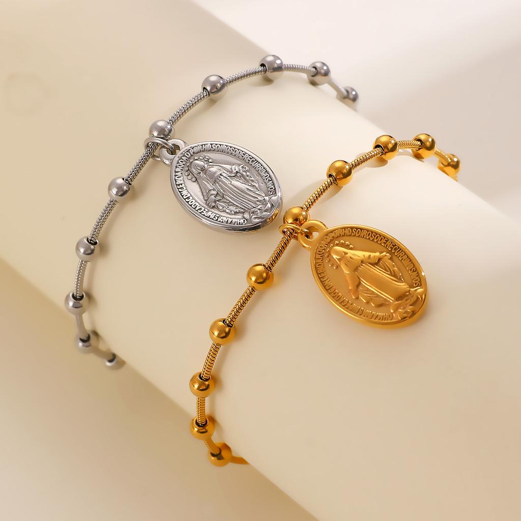 Женский кулон Дева Мария с крестом овальный из нержавеющей стали, цепочка из бусин, женский браслет оптом