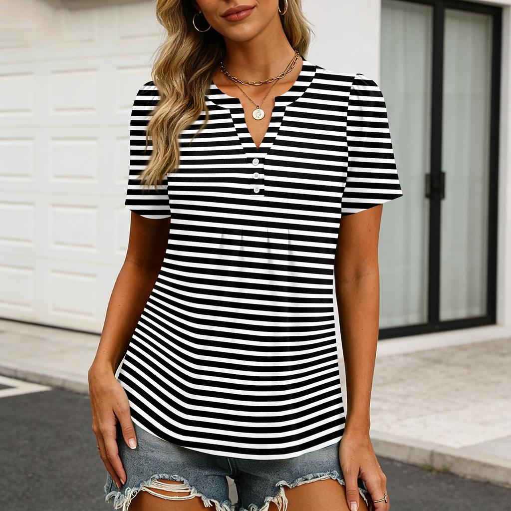 Женские Топы Элегантные Повседневные Рубашки с V-образным вырезом и коротким рукавом Плиссированные Блузки Туника на пуговицах