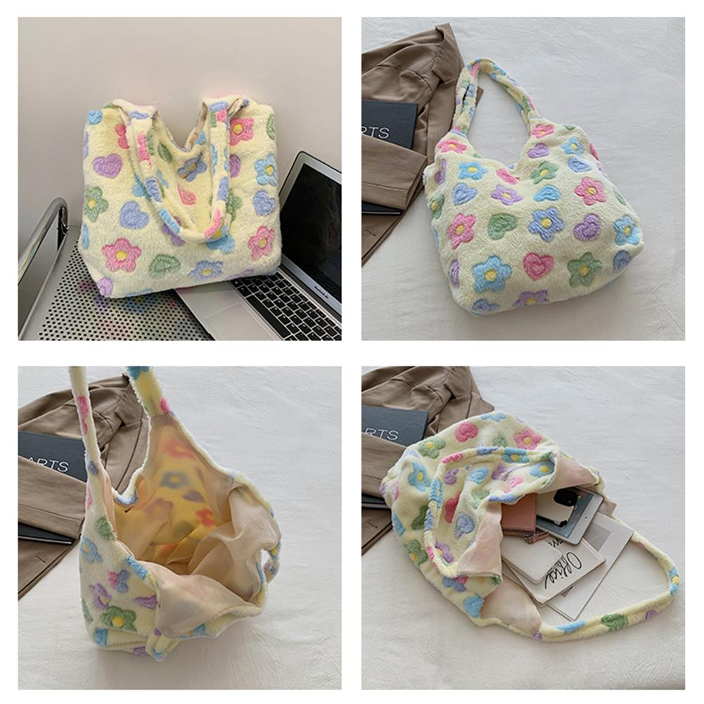 Женская милая пушистая сумка-хобо с цветочным узором, универсальная сумка для покупок, большая вместительная пушистая сумка Kawaii, мягкая зимняя сумка для девочек