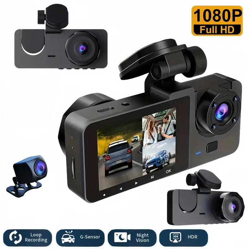 New 1080P HD Night Vision Car Driving Recorder 3-Channel Camera Video Recorder DVR Black Box Dual Lens with Rearview Camera HD Reversing Image