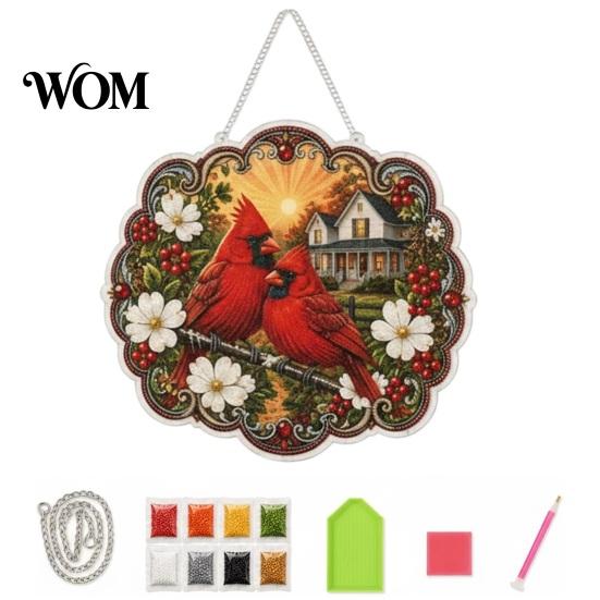 Easy Diamond Painting Set Cardinals & Sunrise DIY Craft Kit, Acrylic Diamonds Hanging Decoration with Kit Pre-Printed Pattern Colorful Beads Pink Pen