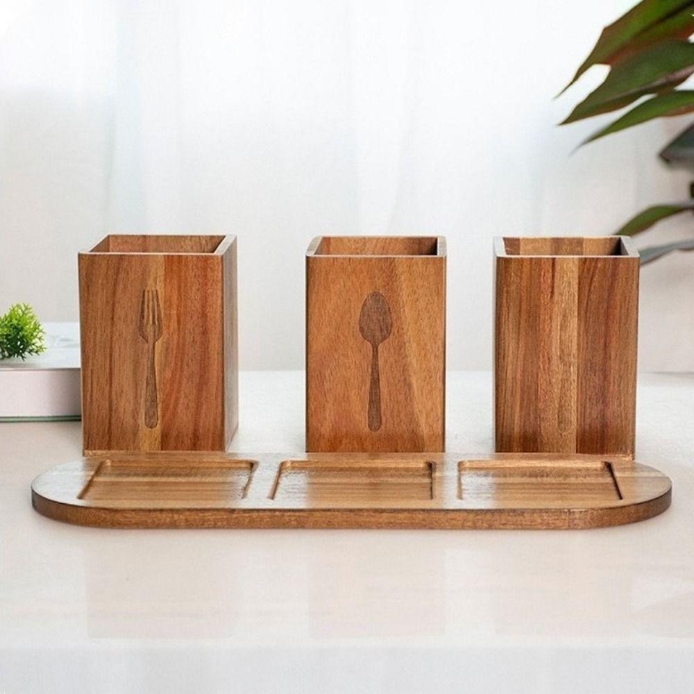 Space Saving 3 Compartment Cutlery Holder Wooden Flatware Organizer Farmhouse