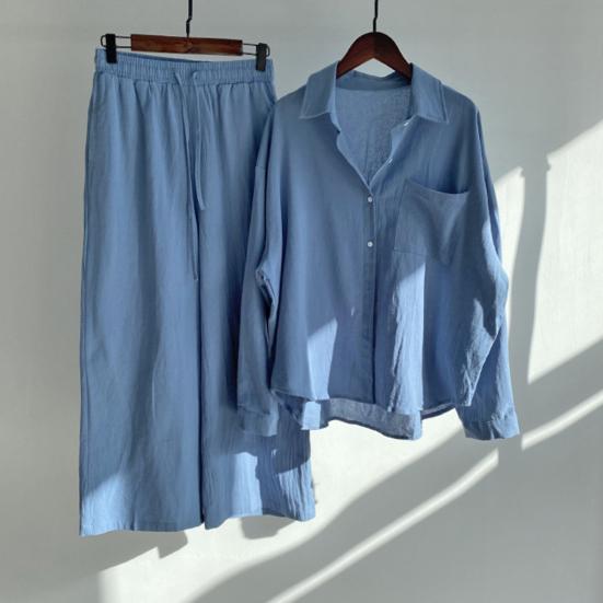 Женский комплект из двух предметов: рубашка с длинным рукавом и застегнутая на пуговицы рубашка с широкими брюками повседневный хлопковый домашний костюм на весну и лето