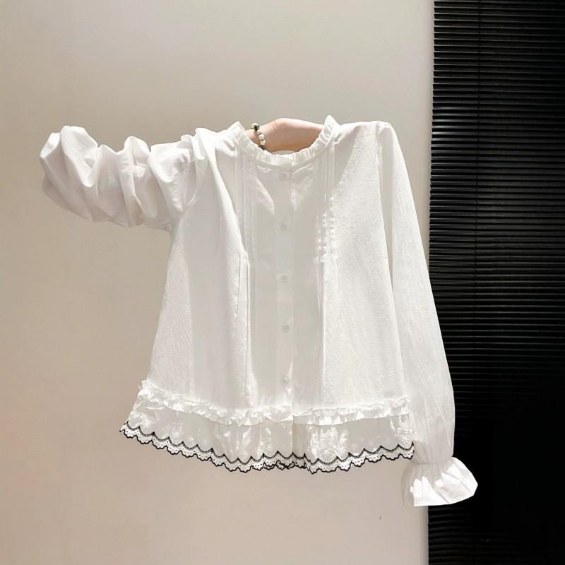 Womens French Vintage Lace Shirt Loose Fit Slimming Elegant Ruffle Blouse Long Sleeve
