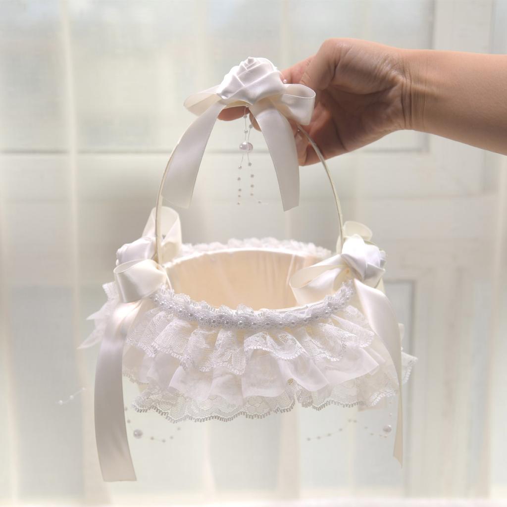 Lace Ruffles Wedding Baskets Bowknot Flower Baskets for Wedding Ceremony Wedding Flower Girl Basket with Flower Handle