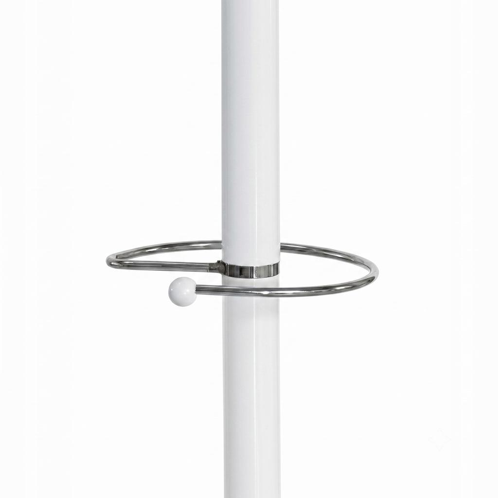 White metal standing coat rack for the hallway with an umbrella holder