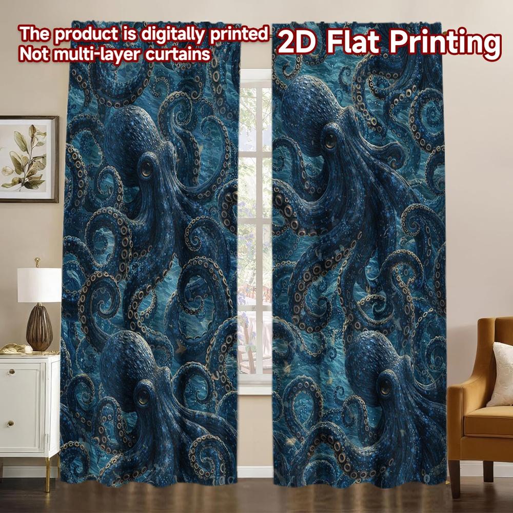 2D FLAT PRINTING 2pcs Curtains (Without Rod) Octopus Ocean Swirl Popular Curtain Fabric Yarn Curtains Romantic Use for