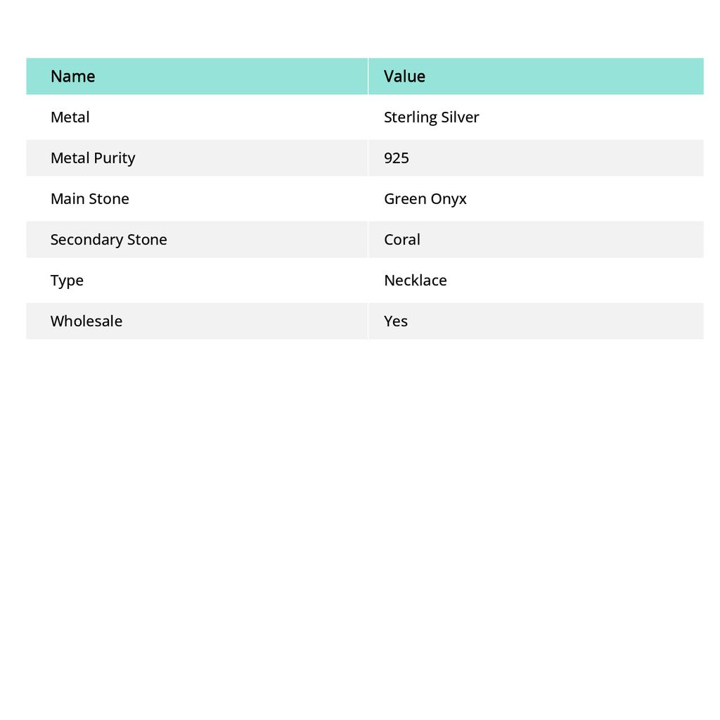 Зеленый оникс, Коралл Драгоценный камень 925 Стерлинговое серебро Ювелирное изделие Ожерелье 18"