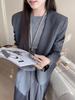 Женский серый блейзер с V-образным вырезом и длинными рукавами на весну - Повседневный, Минималистичный, Маленький размер и для поездок на работу 2025