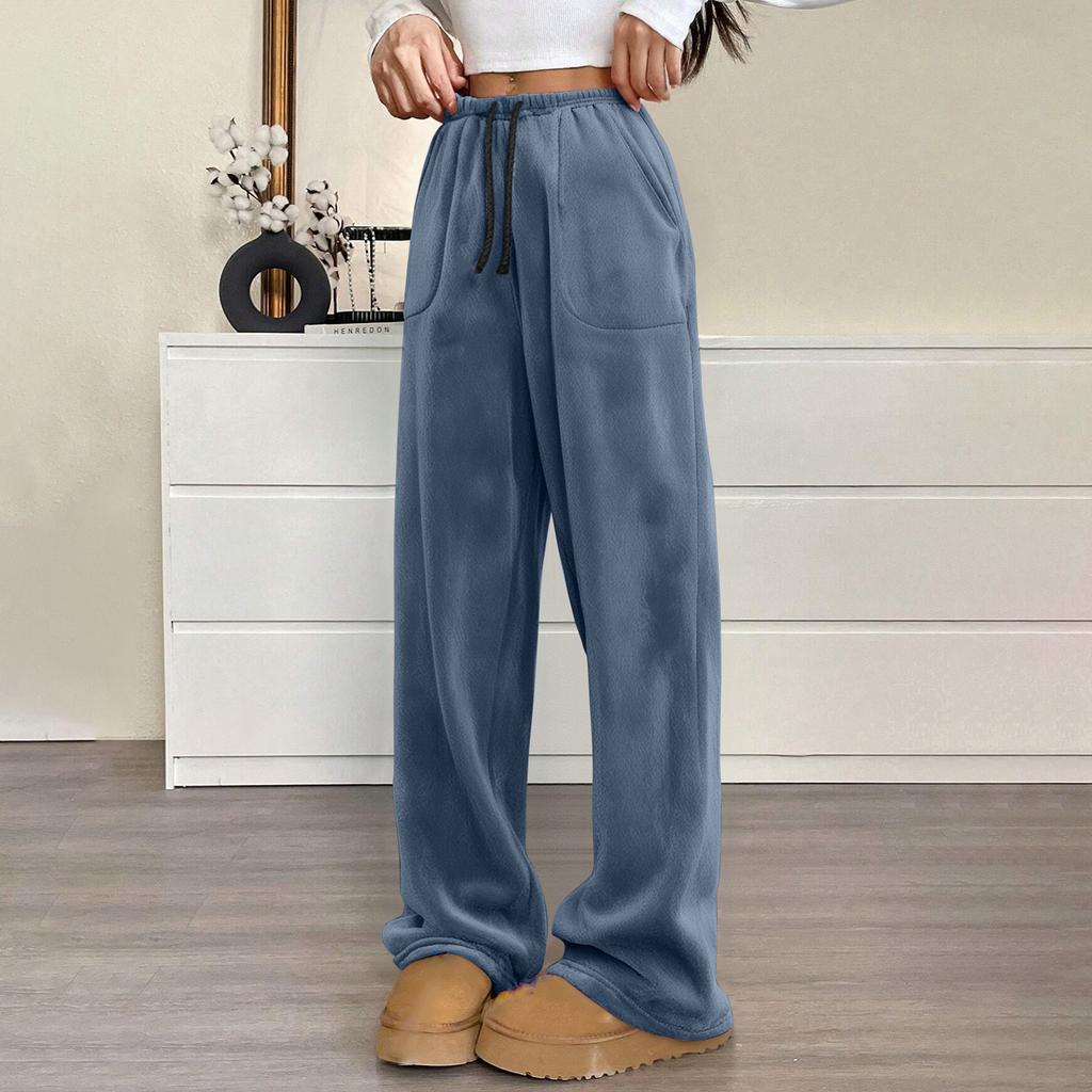 Женские пижамные штаны, плюшевые пижамные штаны, мягкая эластичная талия, пижамные штаны, однотонные штаны с 2 карманами