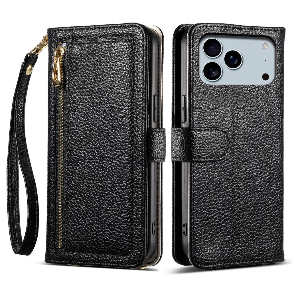 ESEBLE E11 For iPhone 17 Pro Max Case Zipper Pocket Litchi Texture Leather Phone Cover with Mirror and Wrist Strap