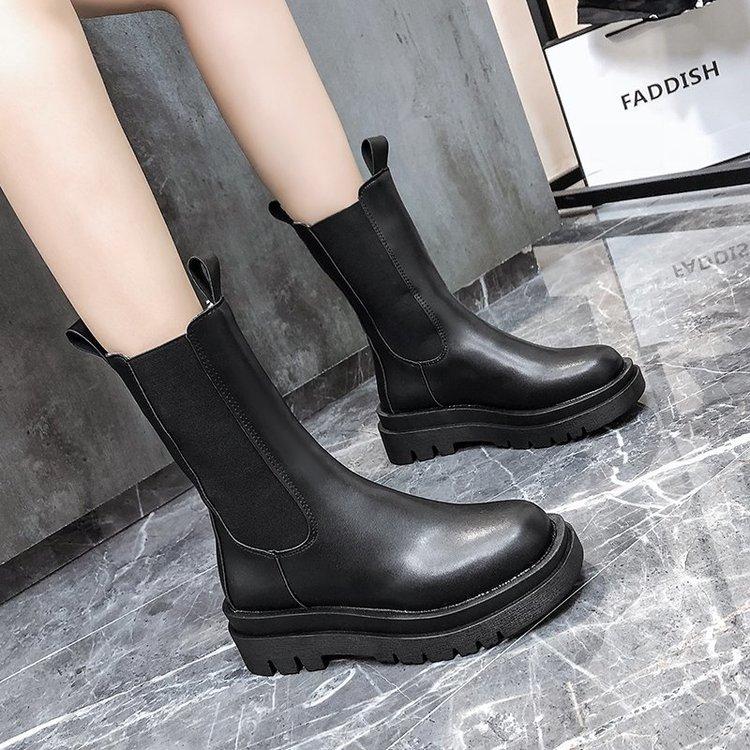 New Winter Elastic Mid-Leg Platform Chelsea Boots Black Platform Plus Size Ankle Boots