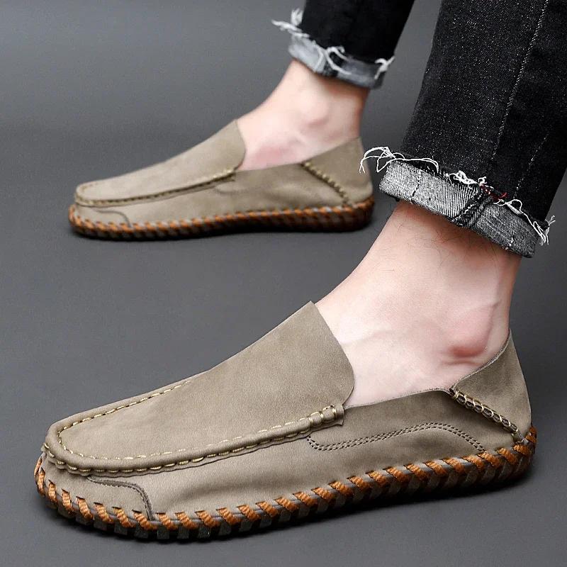 Handmade Men's Slip-Ons Leather Loafers for Casual Fashionable Comfortable Waterproof Walking Travel Suitable For All Seasons
