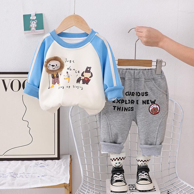 Костюм с длинными рукавами для мальчиков от 0 до 5 лет, детская толстовка с капюшоном и принтом льва + повседневные штаны, комплект из двух предметов, милая и удобная одежда для мальчиков и малышей