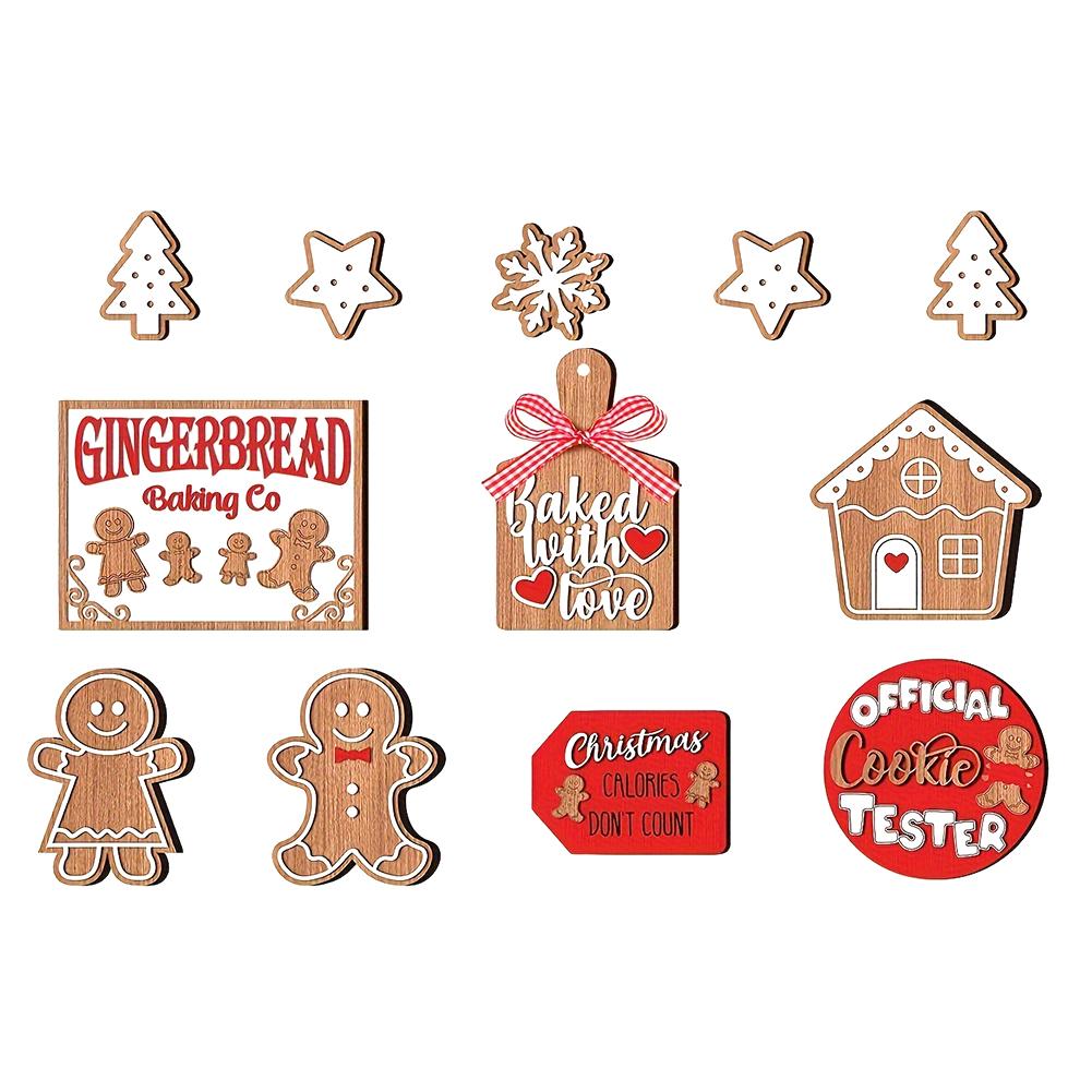 12pcs Christmas Wooden Tiered Tray Decor Set Winter Tiered Tray Decorations Gingerbread Wood Sign for Farmhouse Kitchen Tabletop