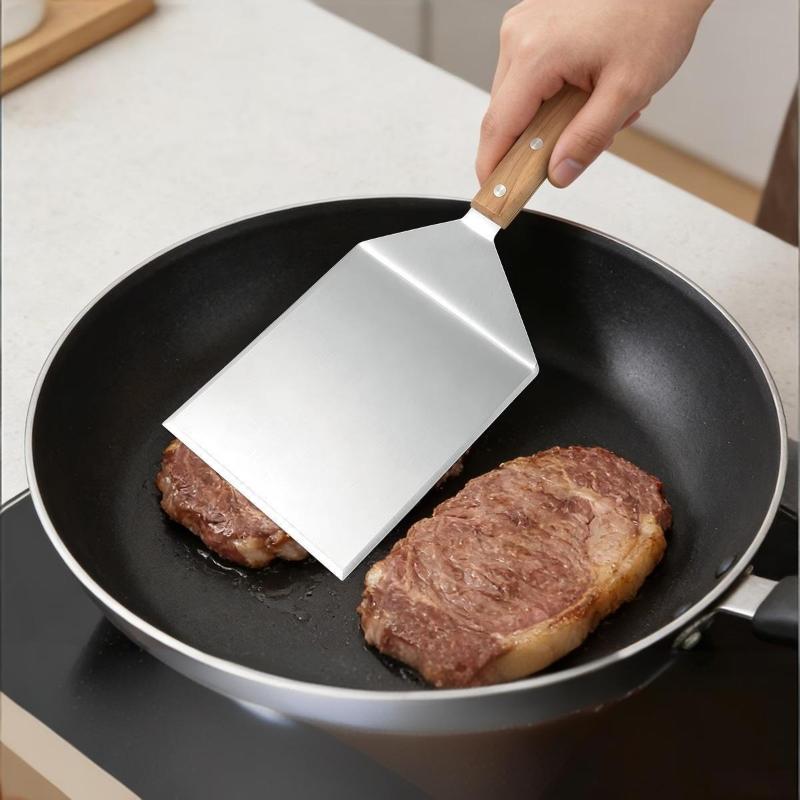 Stainless Steel Steak Spatula Non-Stick Pancake Barbecue Tongs Wood Handle Frying Fish Spatula Rust Resistant Kitchen Tool