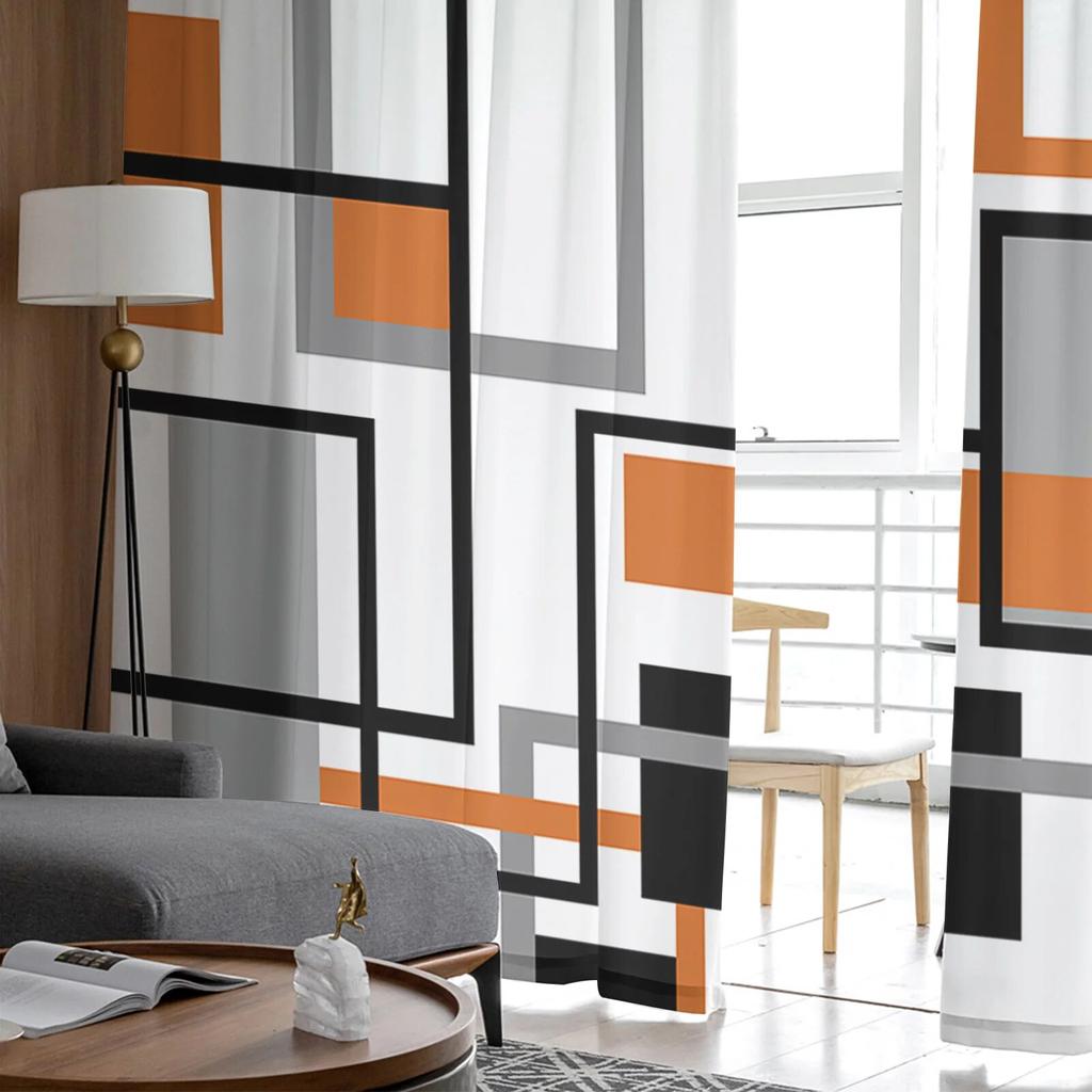 Ретро скандинавские геометрические абстрактные оранжевые прозрачные прозрачные шторы для спальни, праздничное украшение, оконная вуаль, тюлевая занавеска