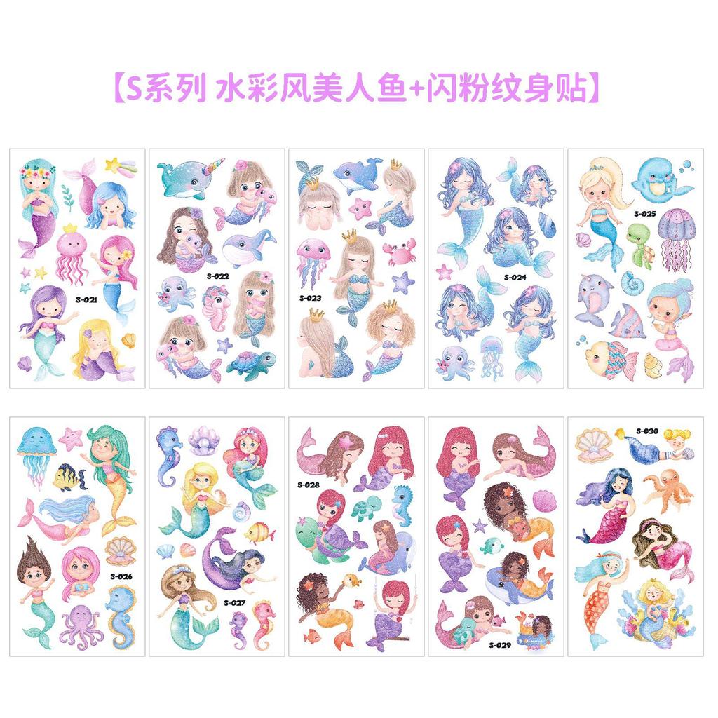 Children'S Watercolor Wind Mermaid Tattoo Sticker Glitter Unicorn Glitter Waterproof Tattoo Sticker