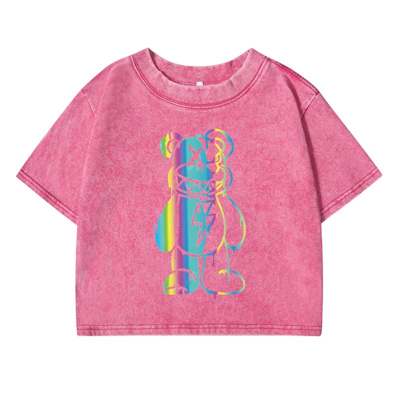 Rainbow Bear Patternprinting Female Washed Short T-Shirt Fashion Tshirt Street Tops Summer Midriff-Baring Clothes