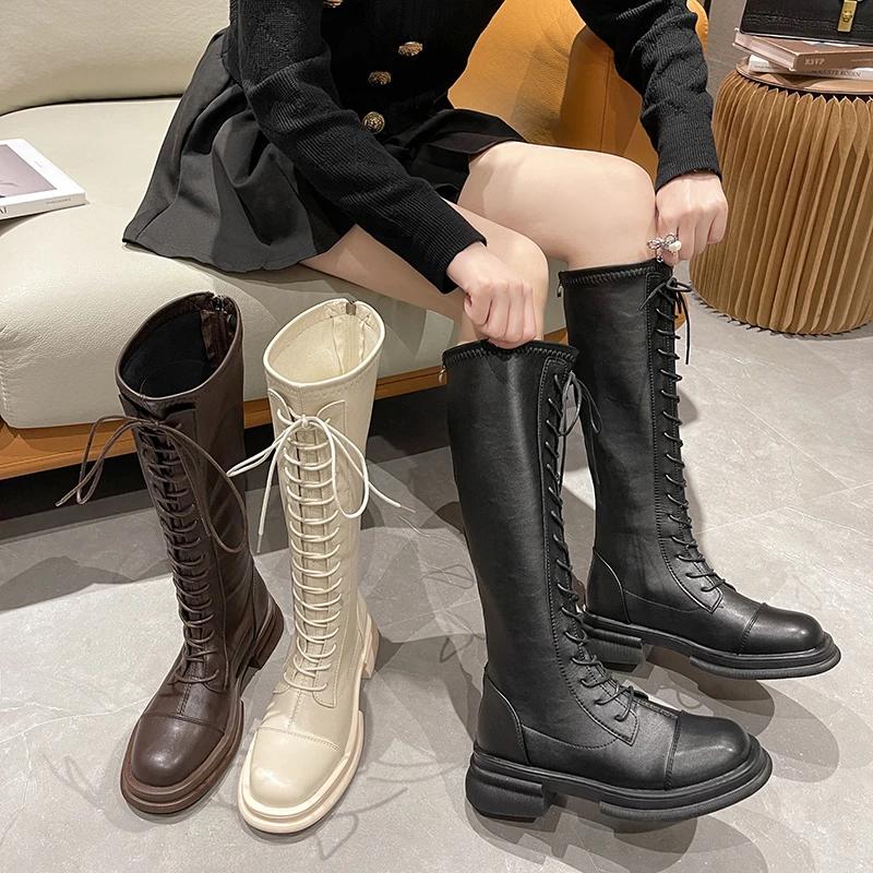 Long Boots Women's 2024 New Heightened Elastic Boots Thick-soled Knight Boots But Knee-length Lace-up Women Women Shoes