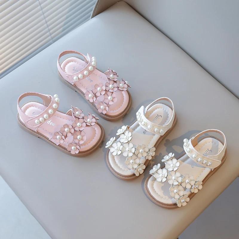 Летняя обувь для маленьких девочек с бусинами, милые детские цветочные сандалии принцессы, с открытым носком, противоскользящие, размеры 21-30, на липучке, богемный, милый