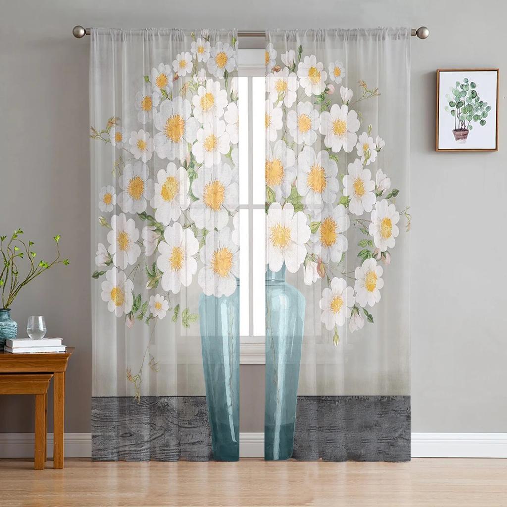 Идиллические белые цветы, винтажные фоновые тюлевые шторы для гостиной, кухни, современные оконные занавески, вуали