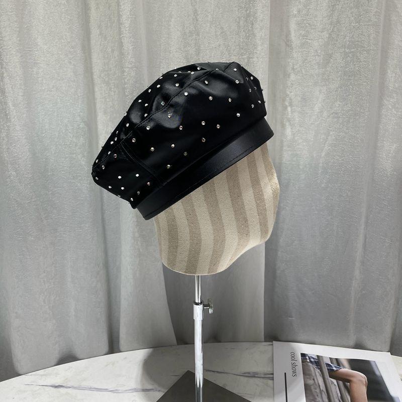 2024 Новый атласный берет со стразами, женская модная черная шляпа художника, весенне-осенняя восьмиугольная шляпа Newsboy Gorras Casquette