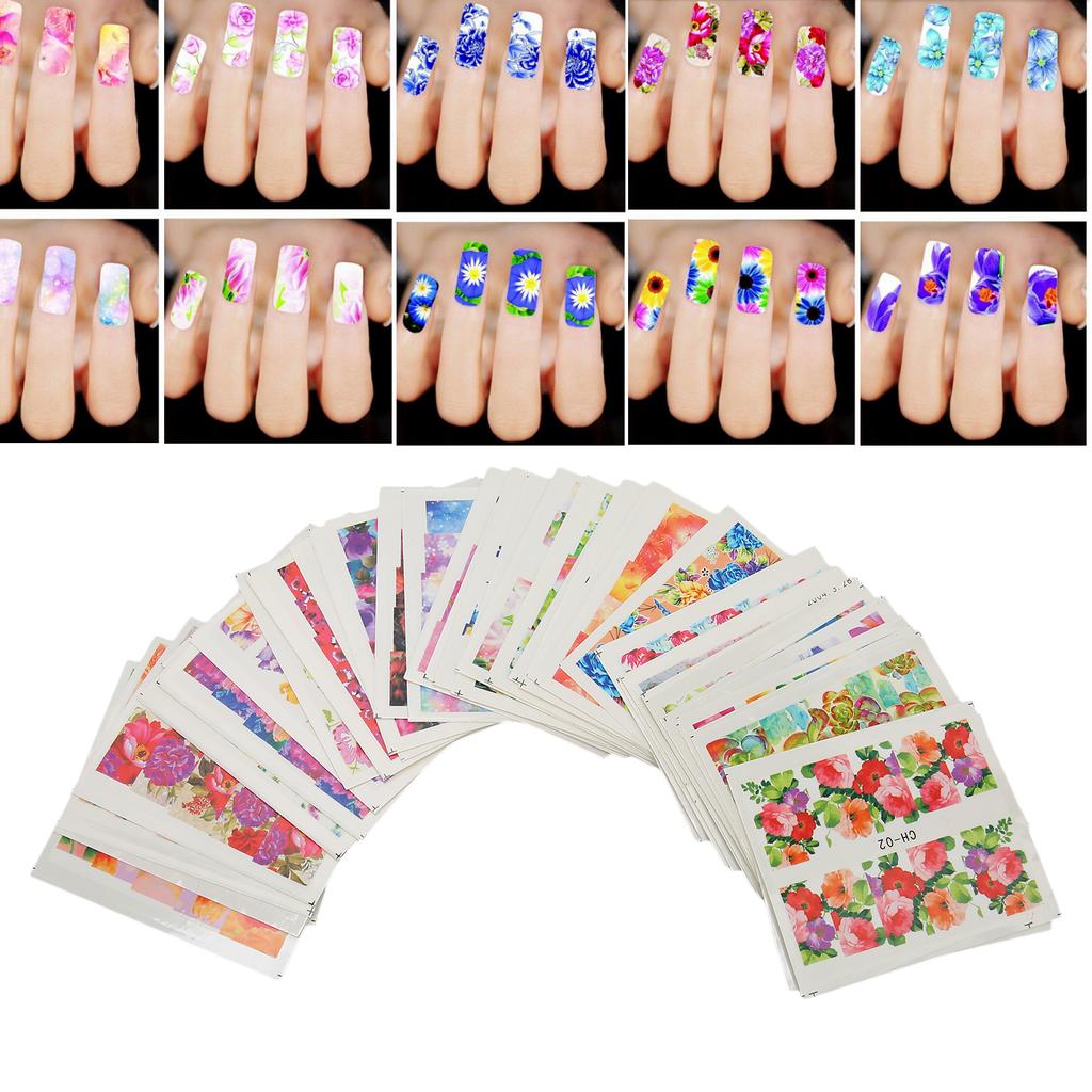 50 шт. наклейки для дизайна ногтей, водяные знаки, полные наклейки, красочные цветочные наклейки для ногтей, аксессуары для ногтей