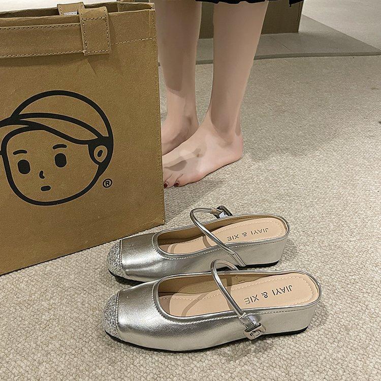 Soft Slippers Women Outer Wear Baotou Half Slippers Sandals Women Mary Jane One Foot Stirrup Flat Bottom Silver Fairy